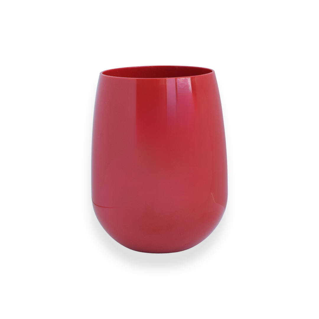 Unbreakable red stemless wine glass BPA-free dishwasher safe.