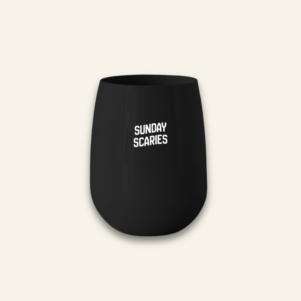 Black unbreakable Halloween stemless wine glass with “Sunday Scaries” text