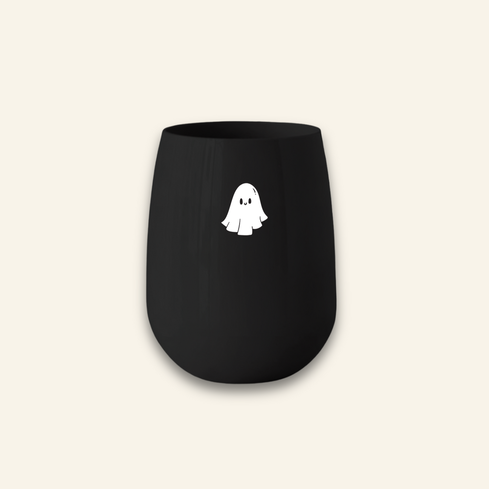 Black unbreakable Halloween wine glass with white ghost design – shatterproof, dishwasher safe