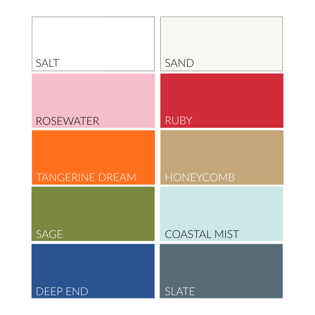 Color swatches labeled with names such as Salt, Sand, Rosewater, Ruby, Tangerine Dream, Honeycomb, Sage, Coastal Mist, Deep End, and Slate on a white background.